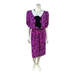 Vintage 80s JB Too Purple Print Midi Dress with White Collar & Black Bow Size 10